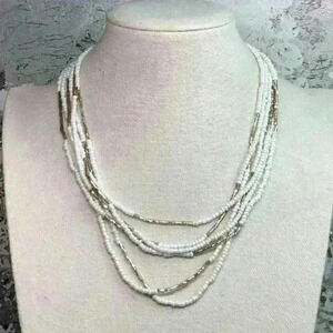 Vintage Glass White and Gold Seed Bead Necklace